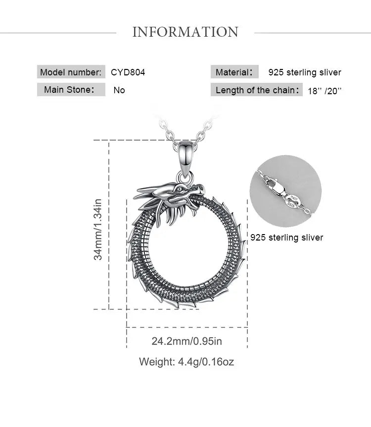 Eudora Real 925 Sterling Silver Dragon Neckalce Temperament Personality Round Cool Dragon Pendant Fine Jewelry for Man Gift