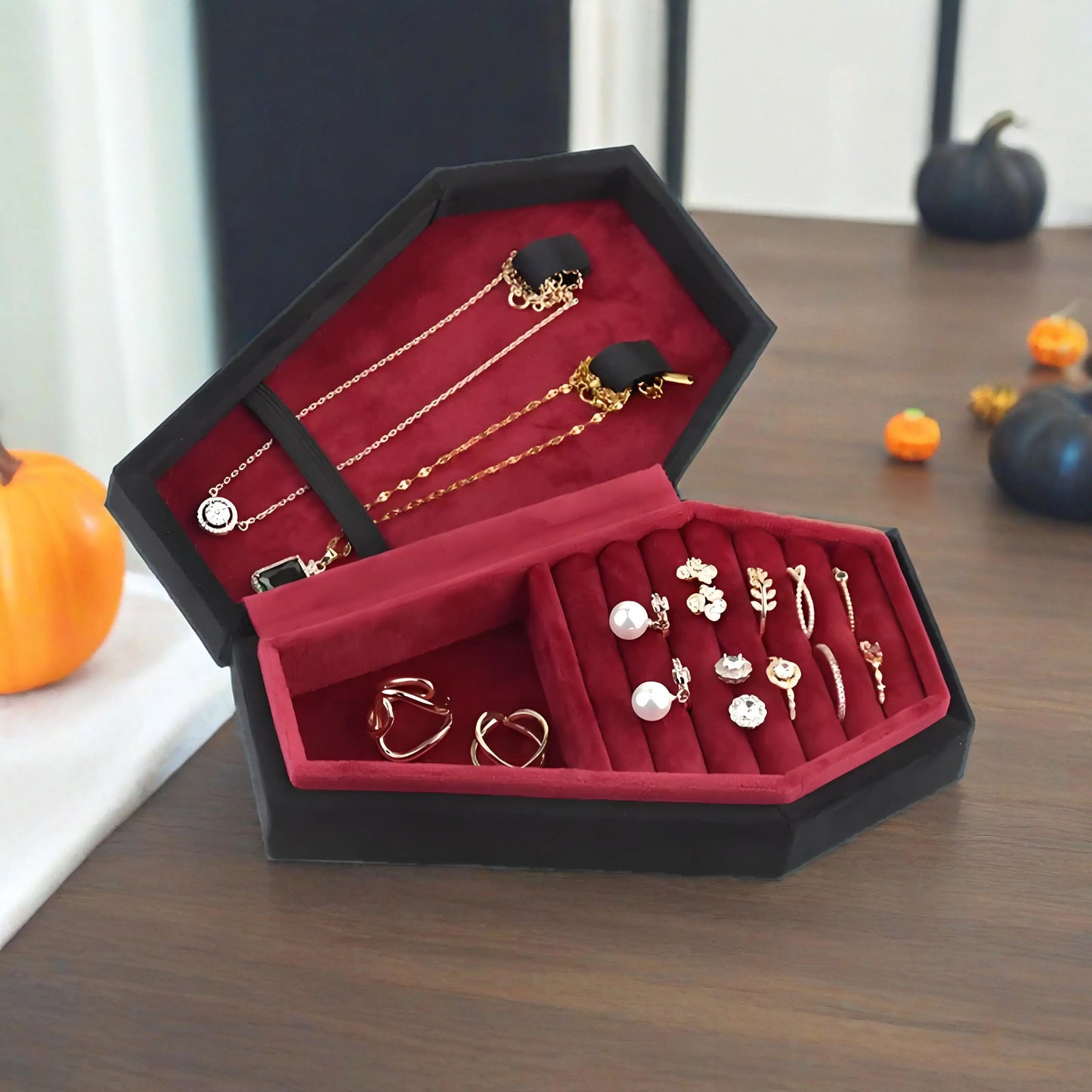 Halloween Coffin Velvet Jewelry Box Necklace Ring Earrings Pendant Gifts Organizer Storage Display Travel Portable Exquisite