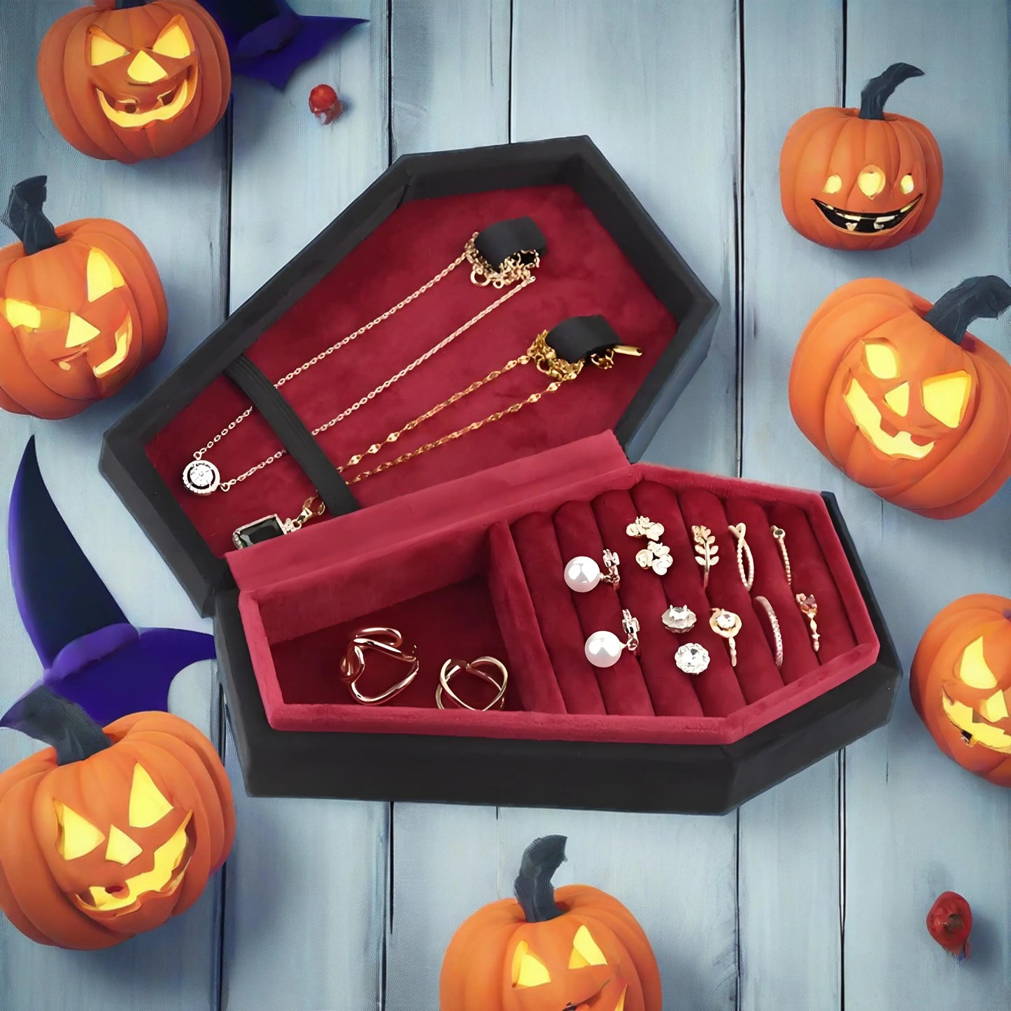 Halloween Coffin Velvet Jewelry Box Necklace Ring Earrings Pendant Gifts Organizer Storage Display Travel Portable Exquisite