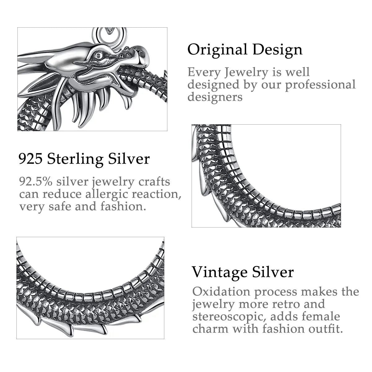 Eudora Real 925 Sterling Silver Dragon Neckalce Temperament Personality Round Cool Dragon Pendant Fine Jewelry for Man Gift