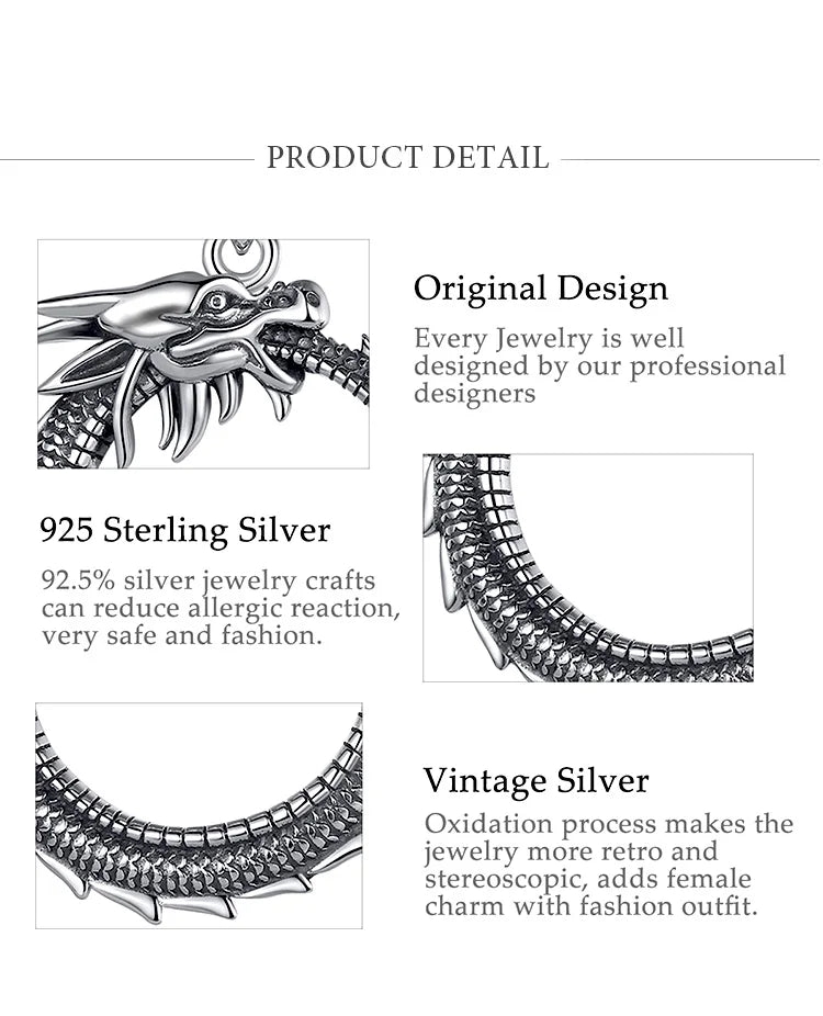 Eudora Real 925 Sterling Silver Dragon Neckalce Temperament Personality Round Cool Dragon Pendant Fine Jewelry for Man Gift