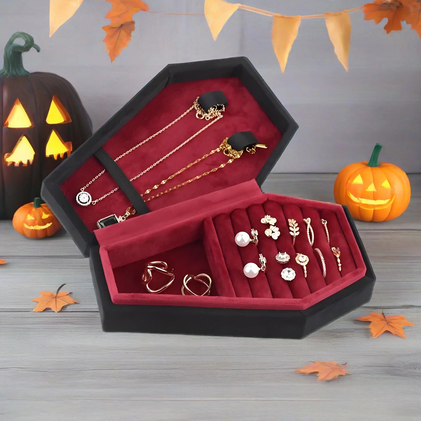 Halloween Coffin Velvet Jewelry Box Necklace Ring Earrings Pendant Gifts Organizer Storage Display Travel Portable Exquisite