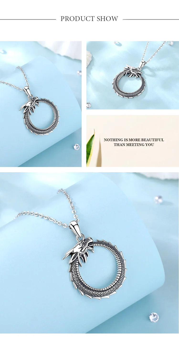 Eudora Real 925 Sterling Silver Dragon Neckalce Temperament Personality Round Cool Dragon Pendant Fine Jewelry for Man Gift