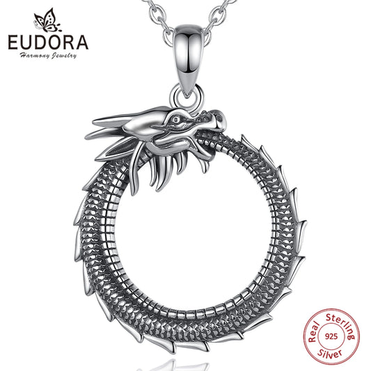 Eudora Real 925 Sterling Silver Dragon Neckalce Temperament Personality Round Cool Dragon Pendant Fine Jewelry for Man Gift